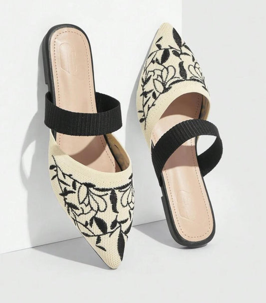 Embroidered Pointy Toe Flat Mules
