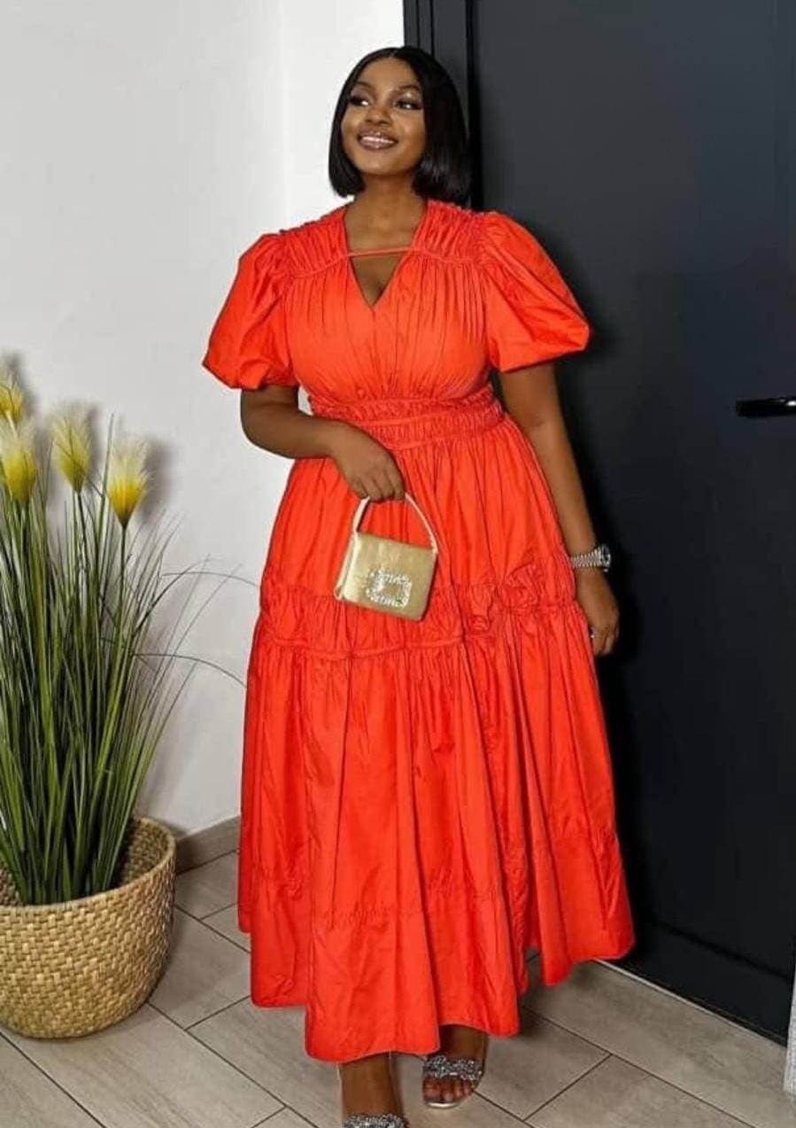 open front with elastic for you figure little balloon shoulders dress