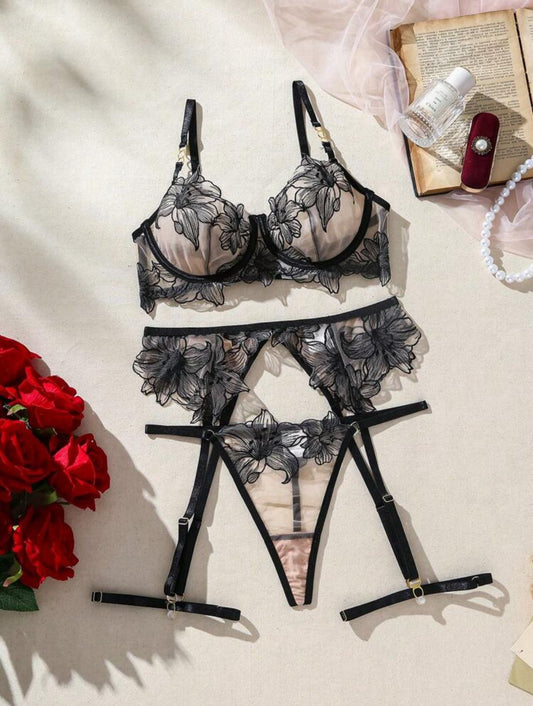 5pcs Sexy Sheer Mesh Floral Embroidery Lingerie
