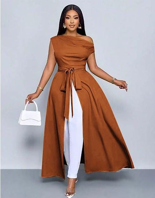 Rust open front 0ff shoulder dress