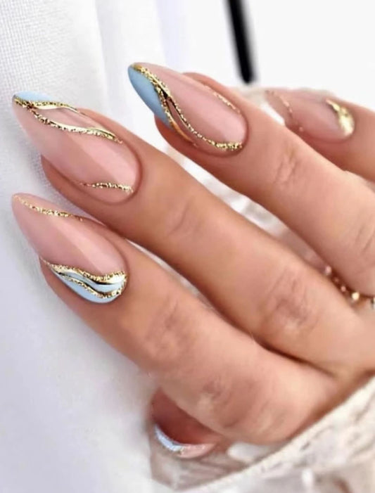 Long almond golden line fake nail