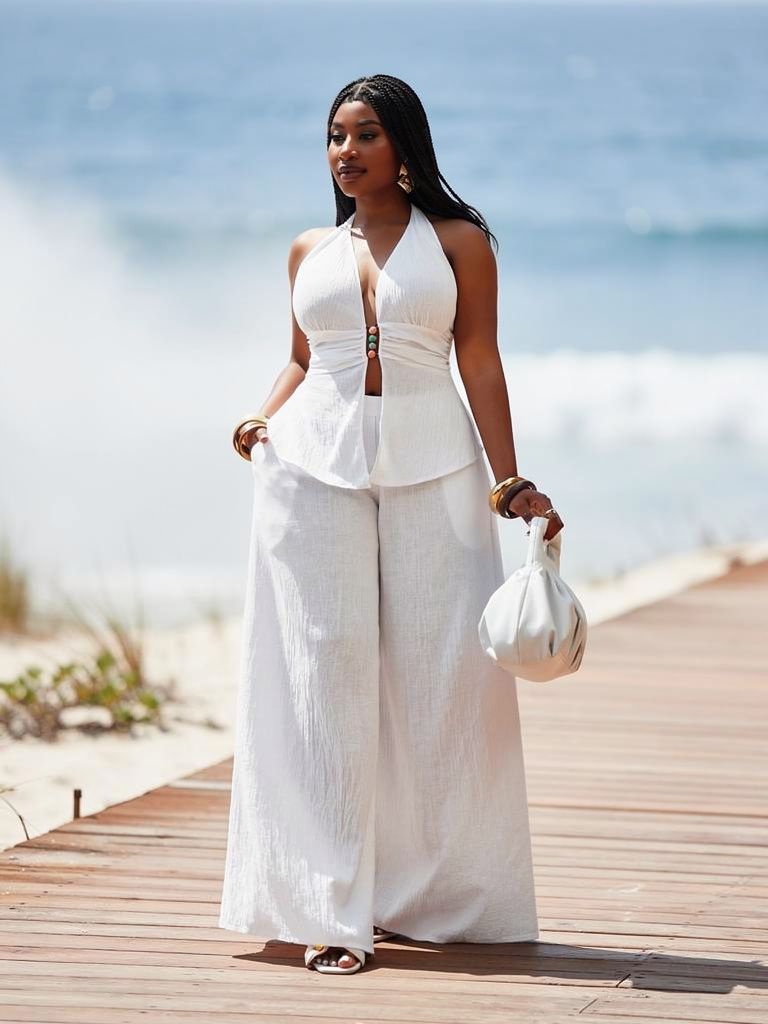 linen feel flare pants two piece set