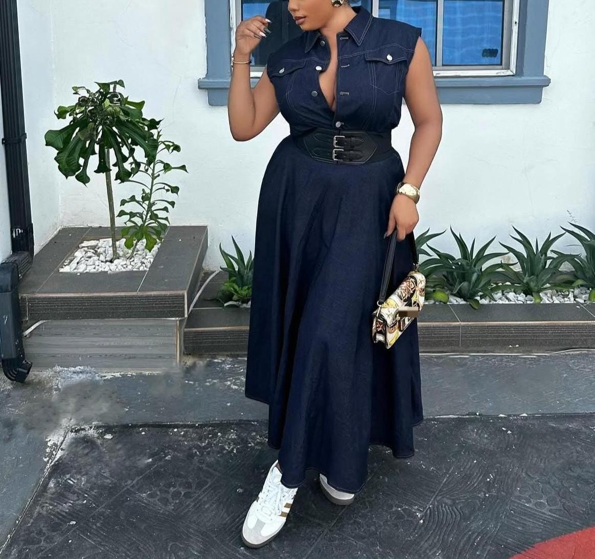 denim button dress with belt