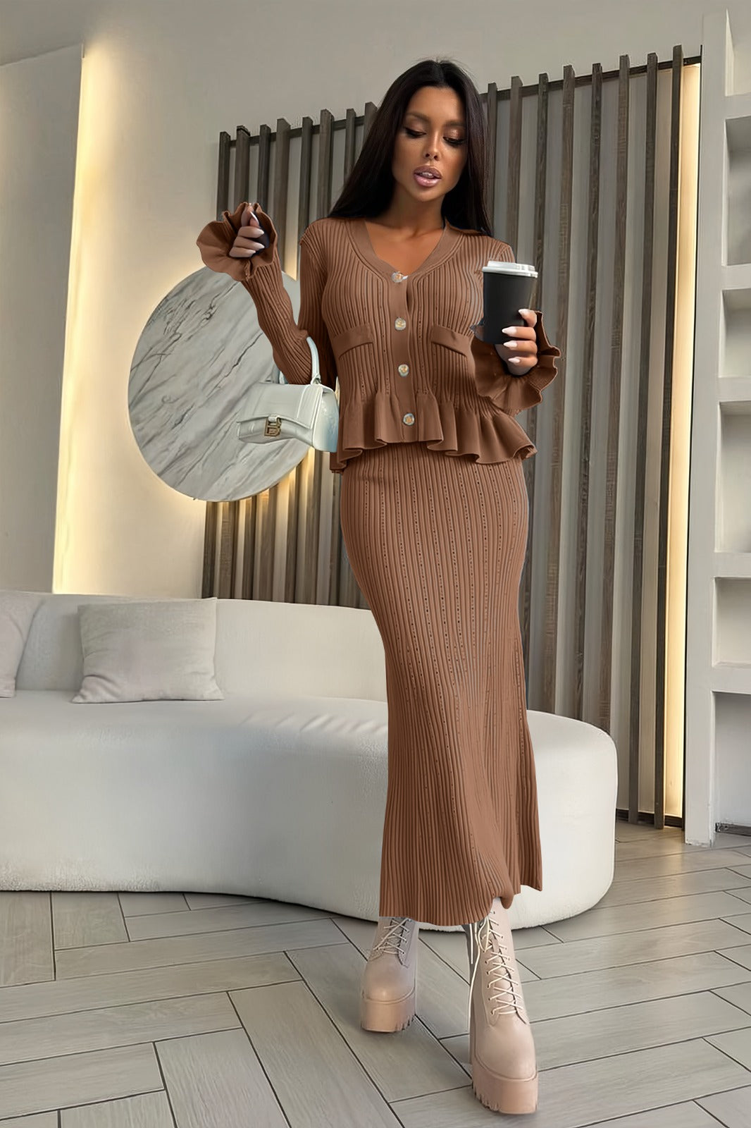 Brown broad rib design two piece set