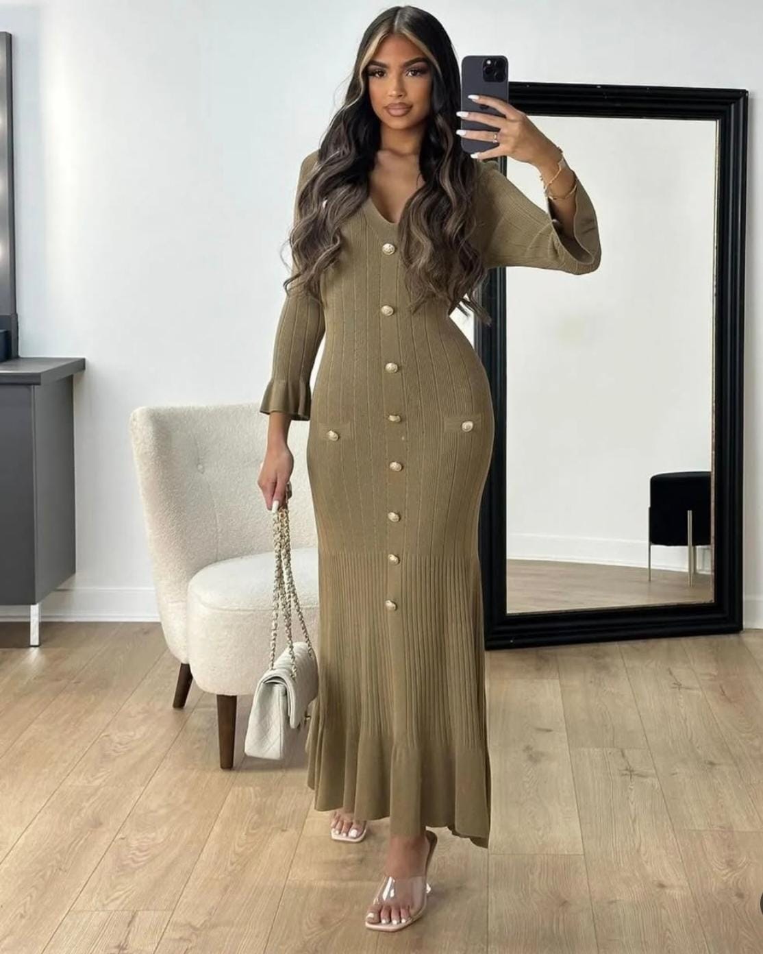 knit strips button dress