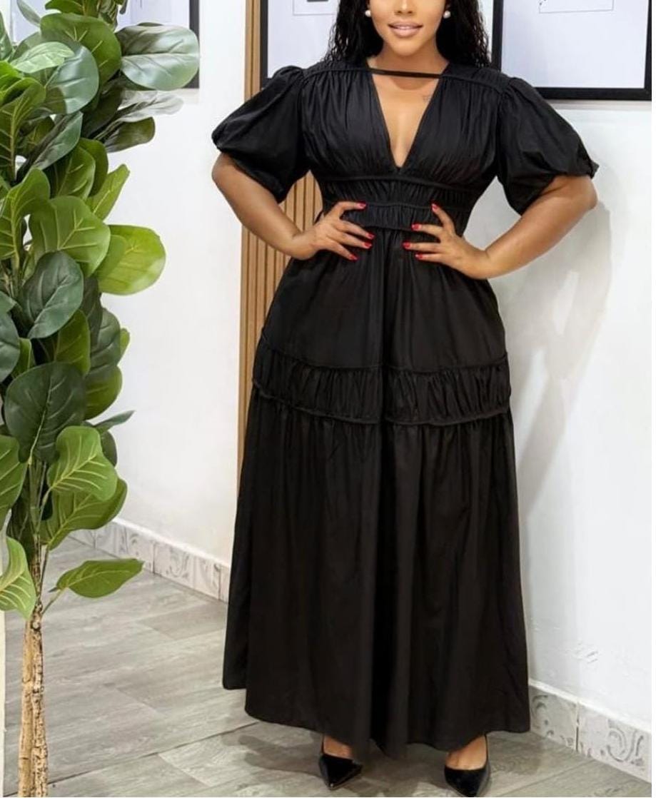 open front with elastic for you figure little balloon shoulders dress