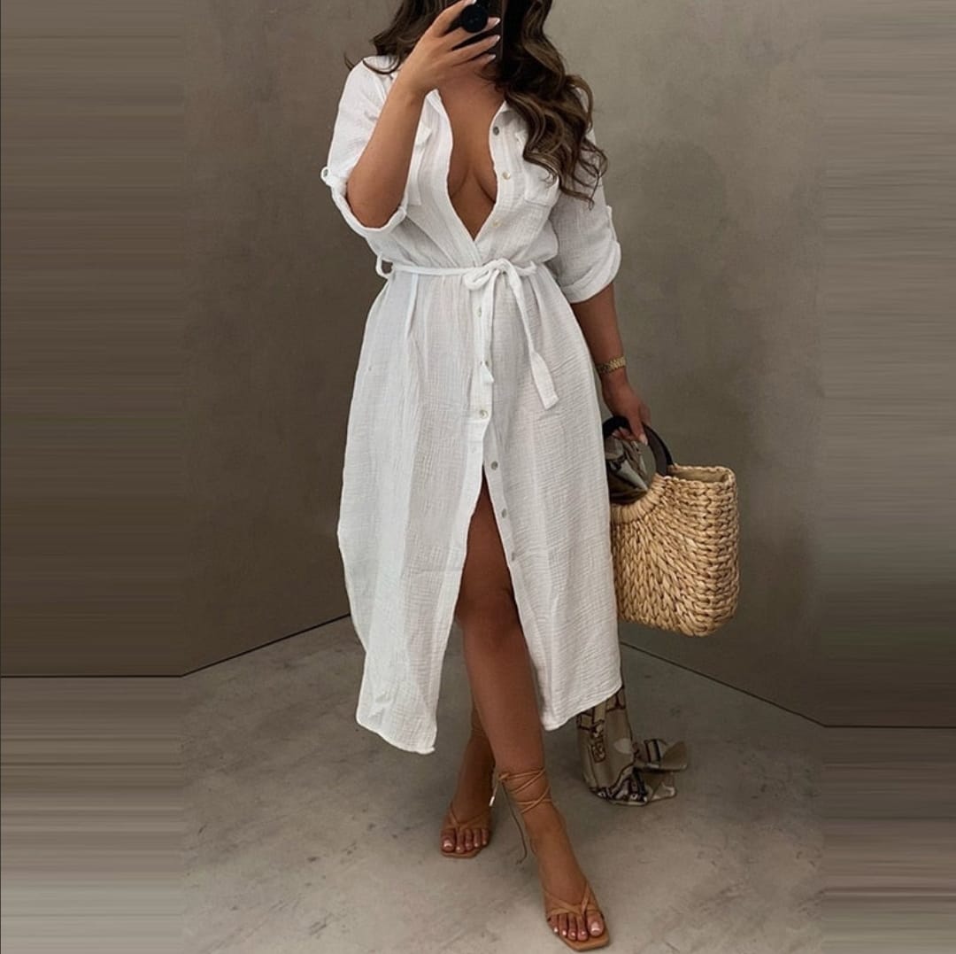 pocket style button down tie dress