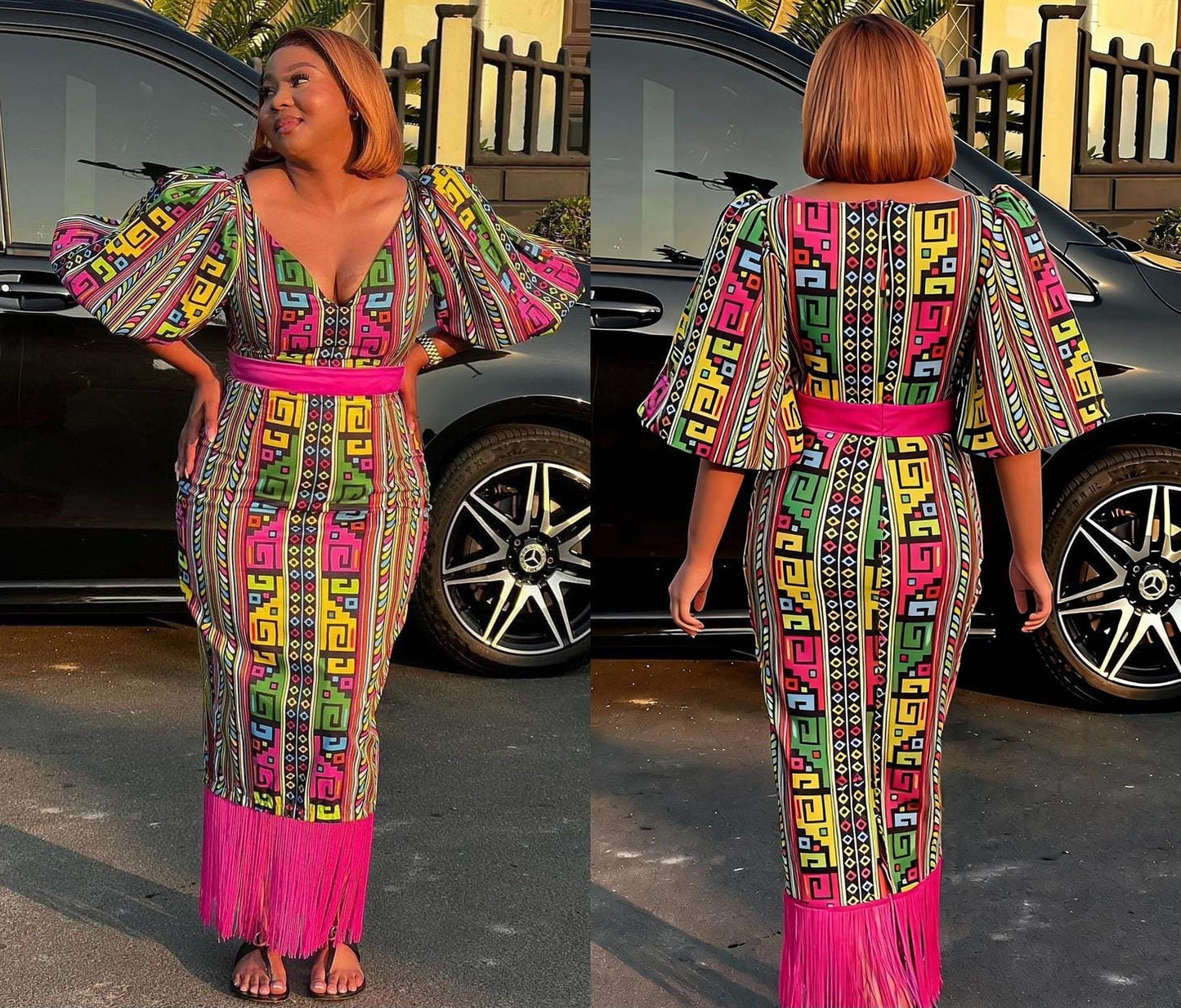 puff sleeves dress with design bottom