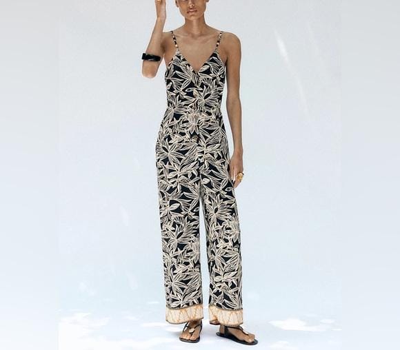Floral strap flare leg jumpsuit