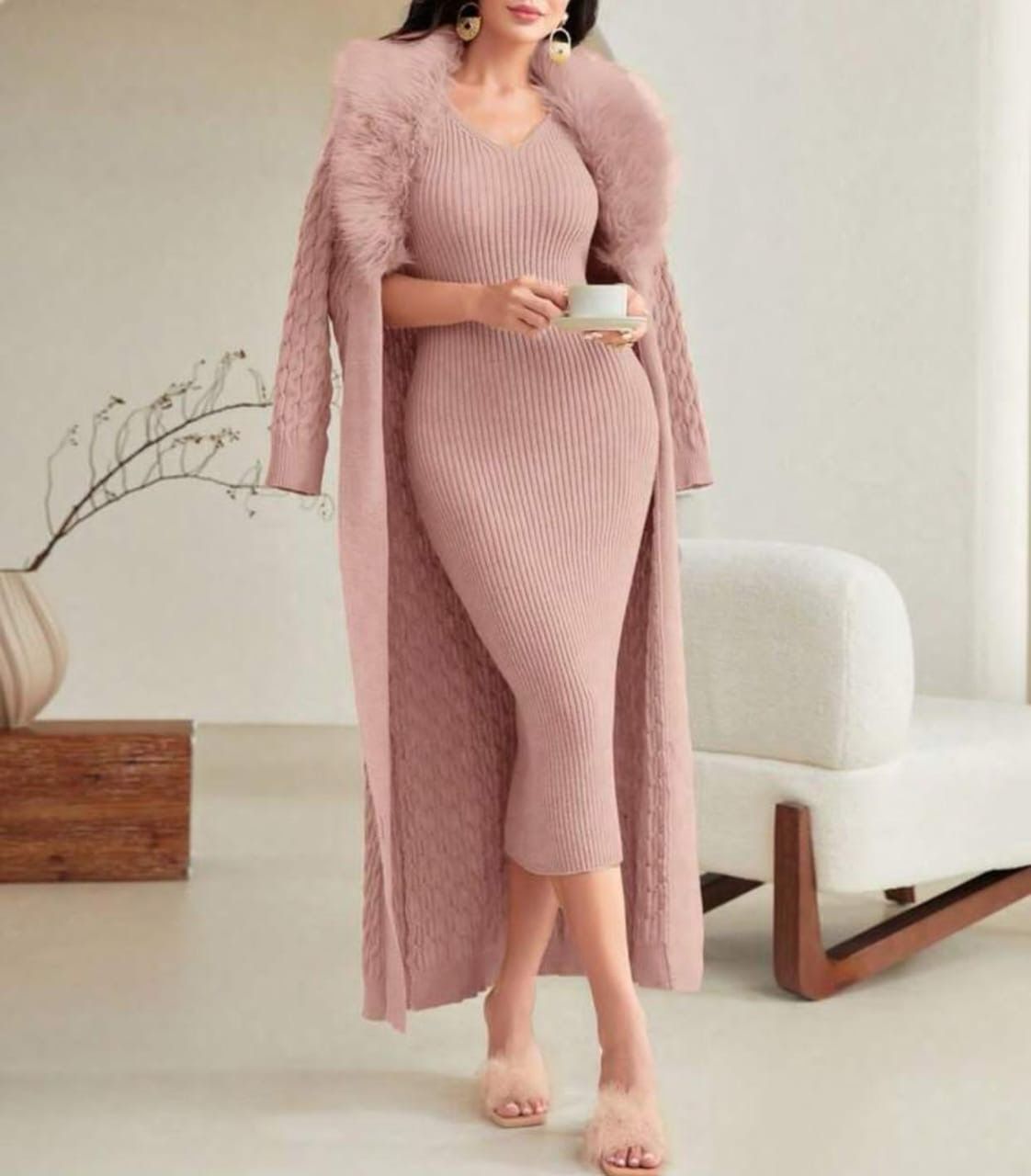 fur cardigan and sleeveless bodycon dress set