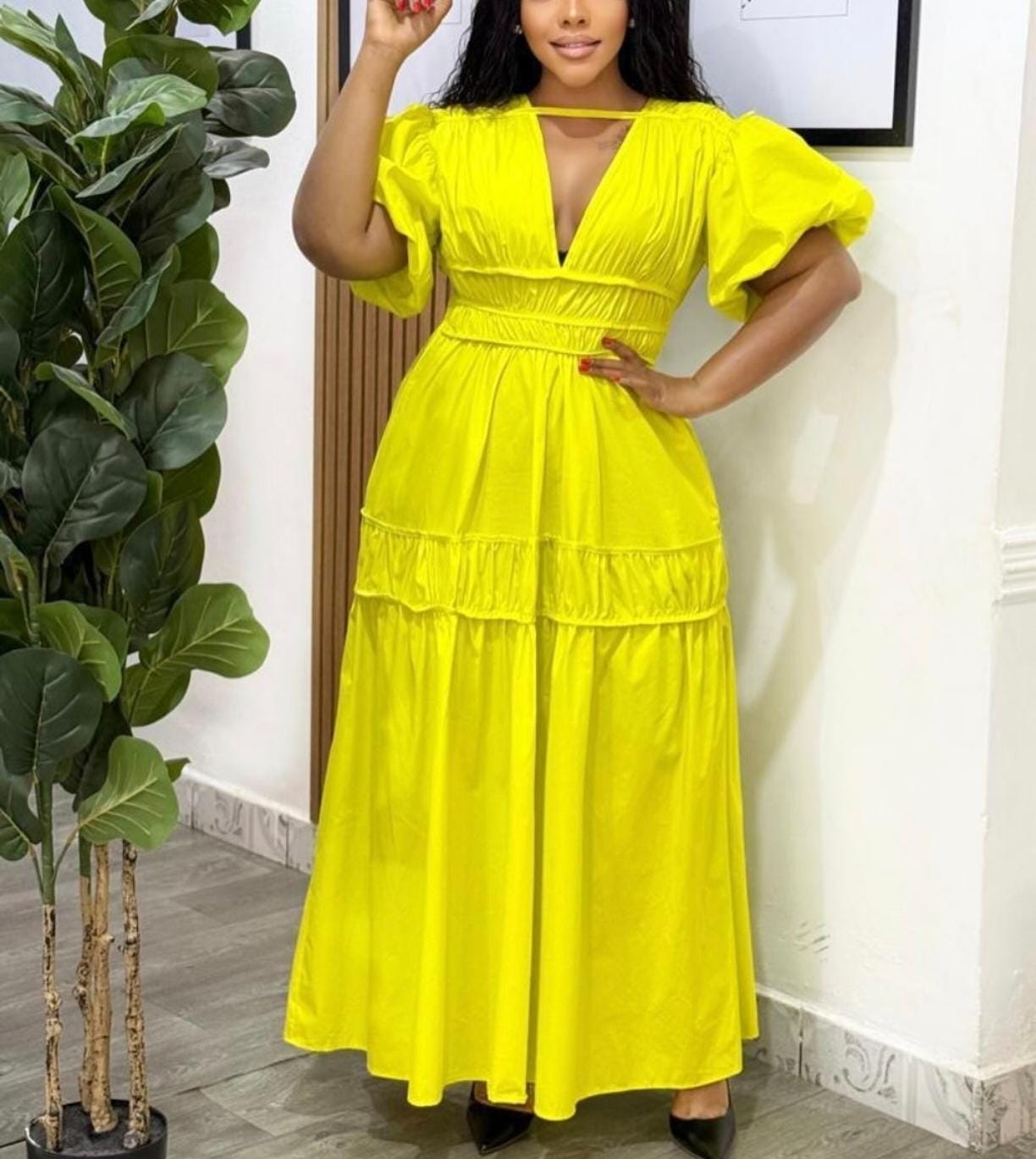 open front with elastic for you figure little balloon shoulders dress