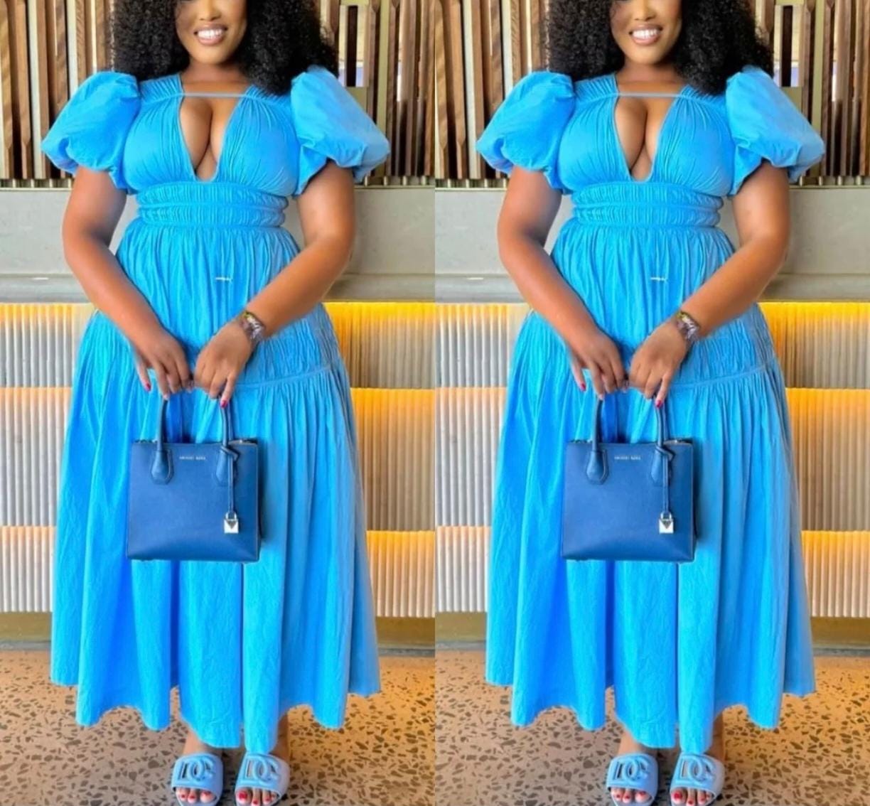 open front with elastic for you figure little balloon shoulders dress
