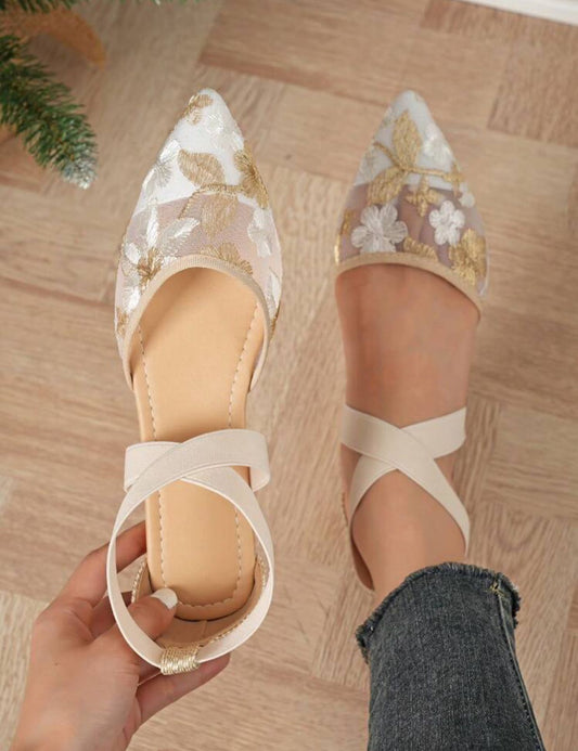 White Mesh And Light Gold flats