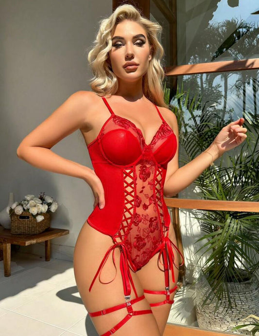 Red Lace Up Front Contrast Lace Garter Bustier lingerie