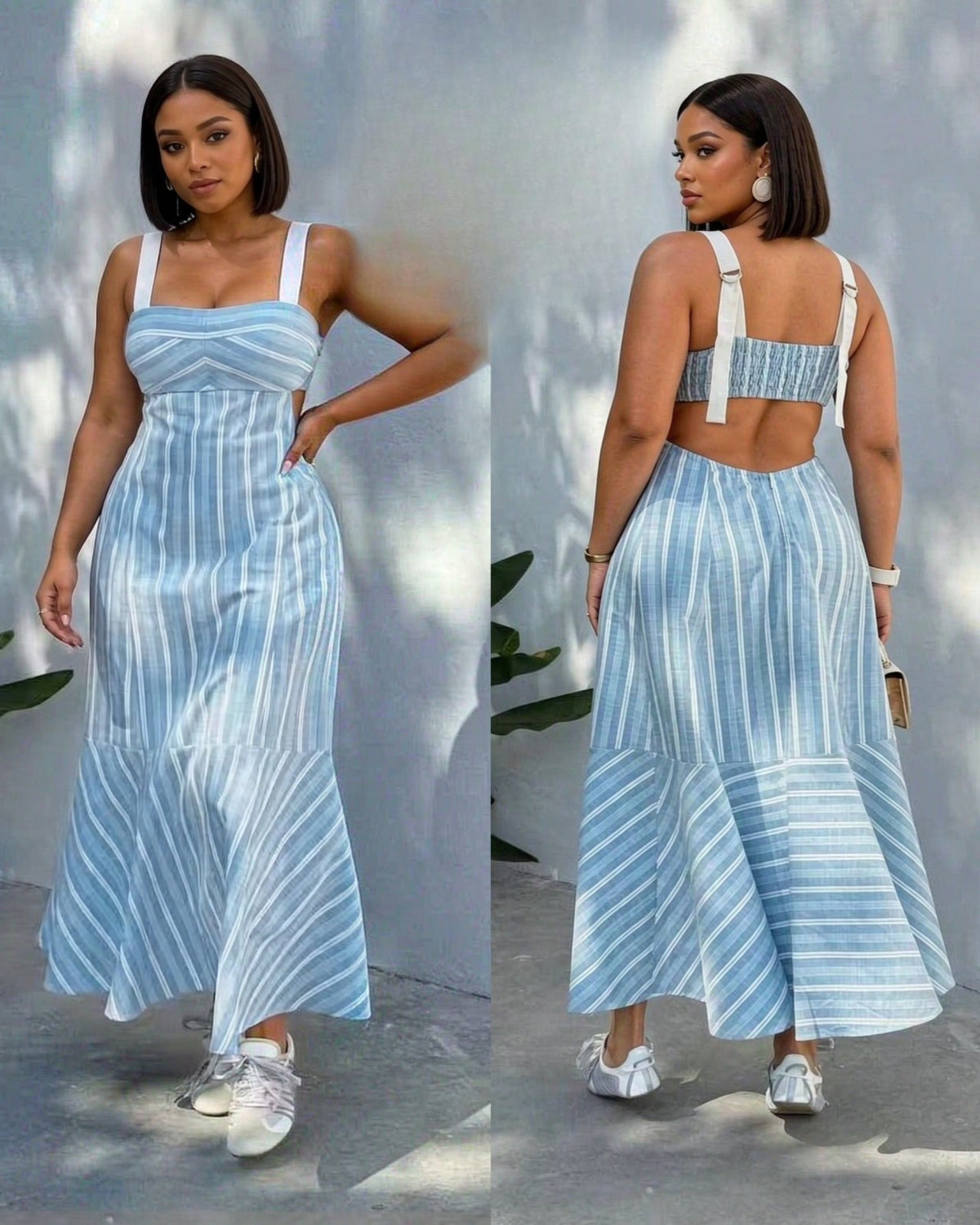 THIN BACK STRAP FLARE BOTTOM DRESS