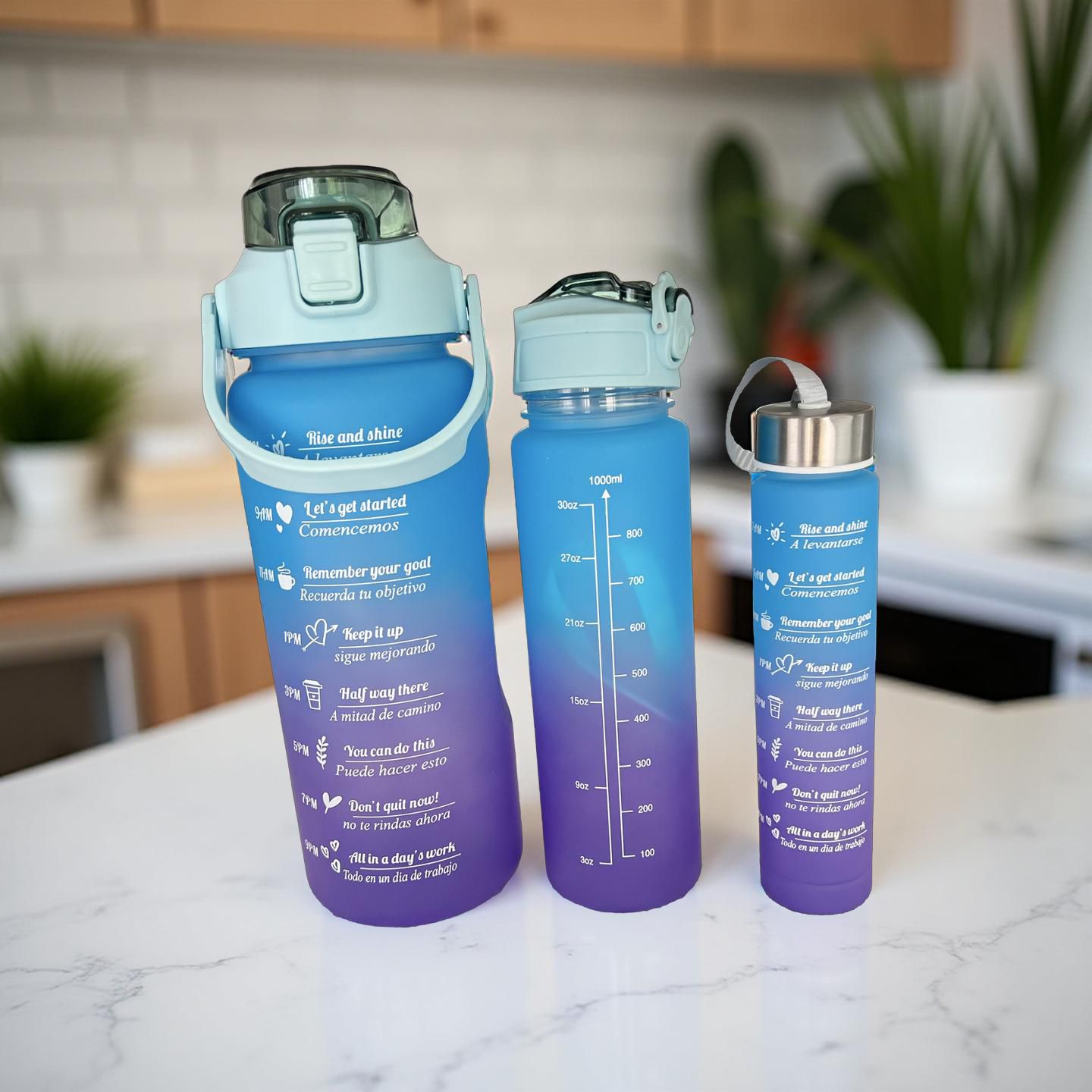 Blue motivational 3pcs water bottles
