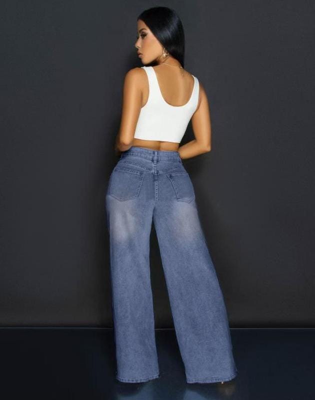 white stripe flare blue jeans