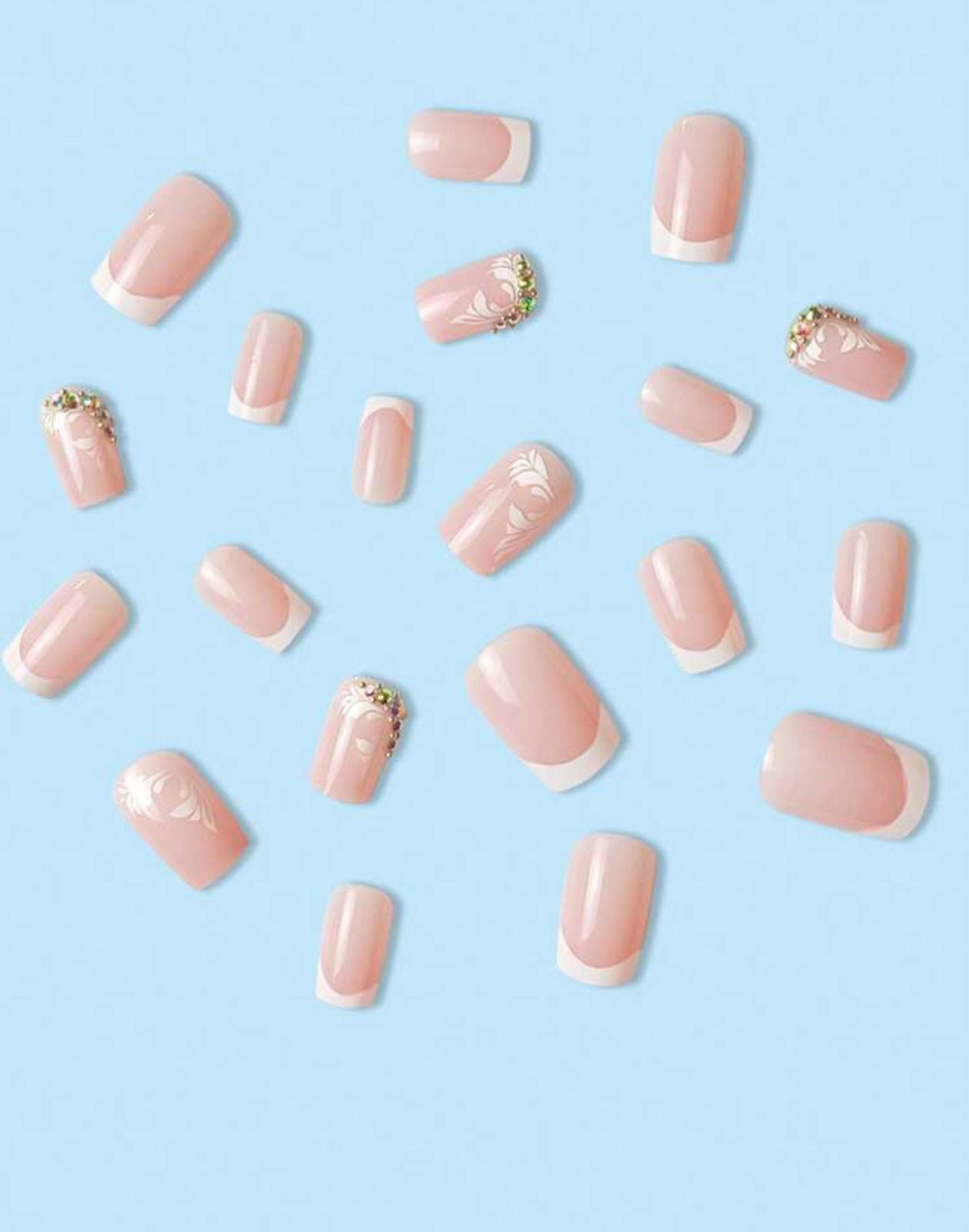 Long Square French Style 3D Rhinestone Nails