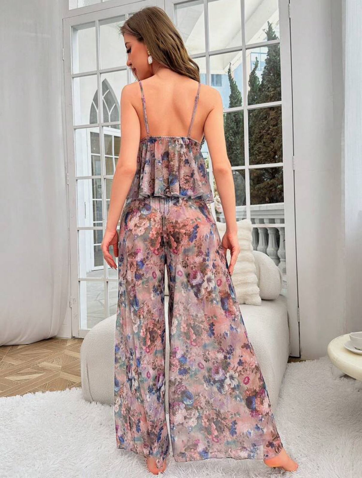 Floral Print Tie Front Mesh PJ