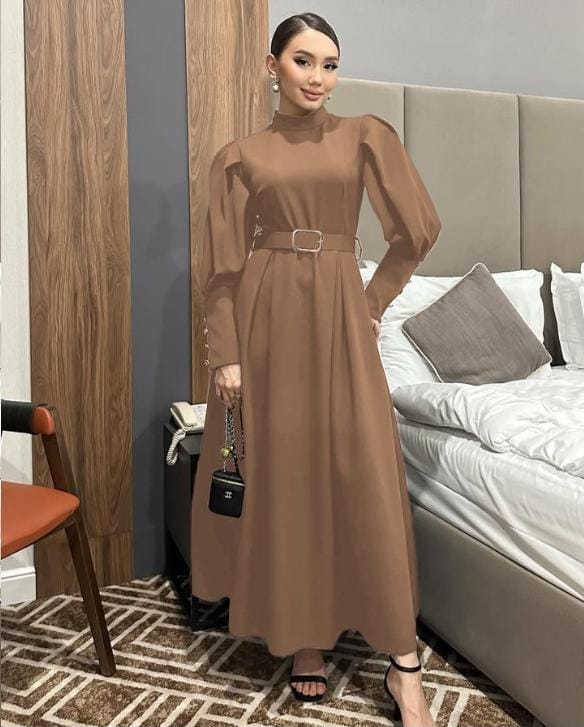 Classy belted maxi brown dress