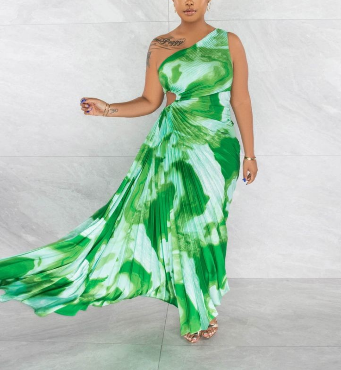 pleated one shoulder ombre dress