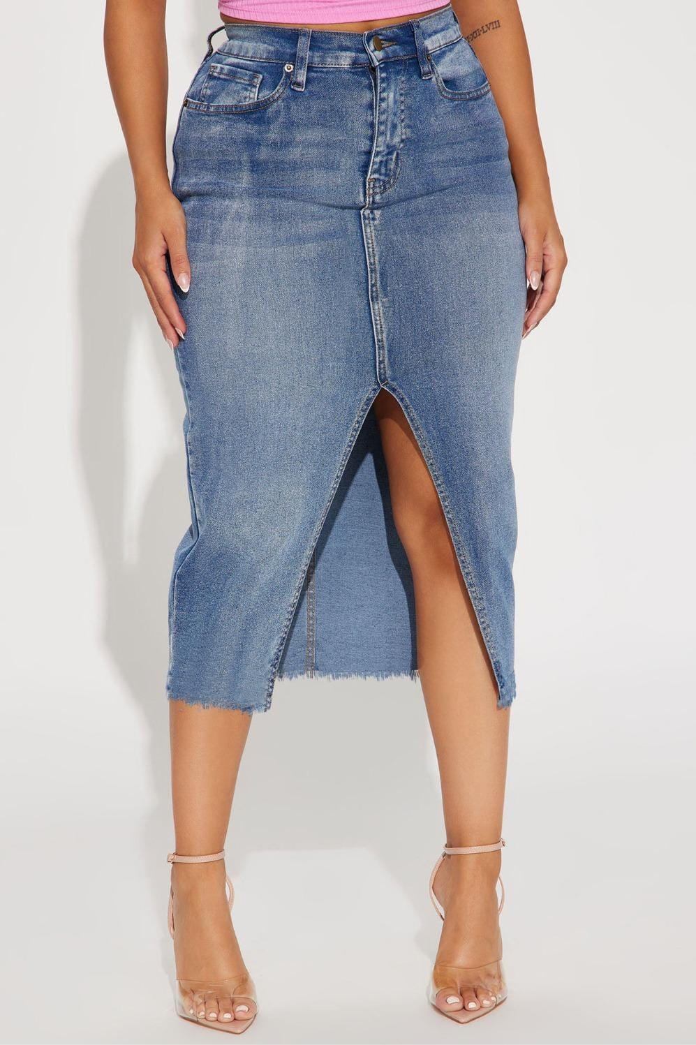 Front slit midi denim skirt