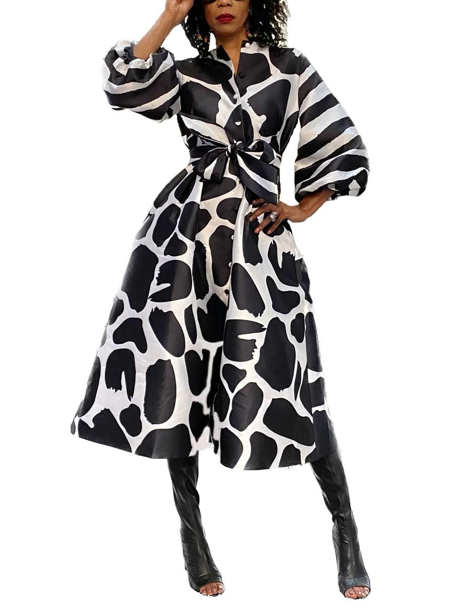 Belted Geo Print Balloon Dress