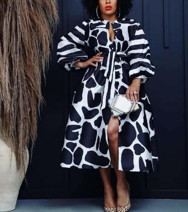 Belted Geo Print Balloon Dress
