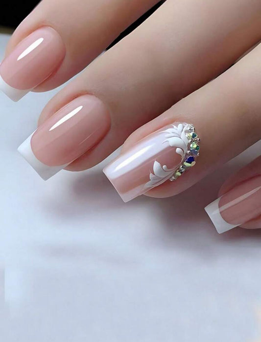 Long Square French Style 3D Rhinestone  Nails
