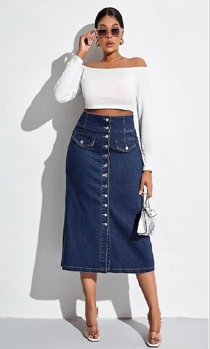 Denim button down midi skirt