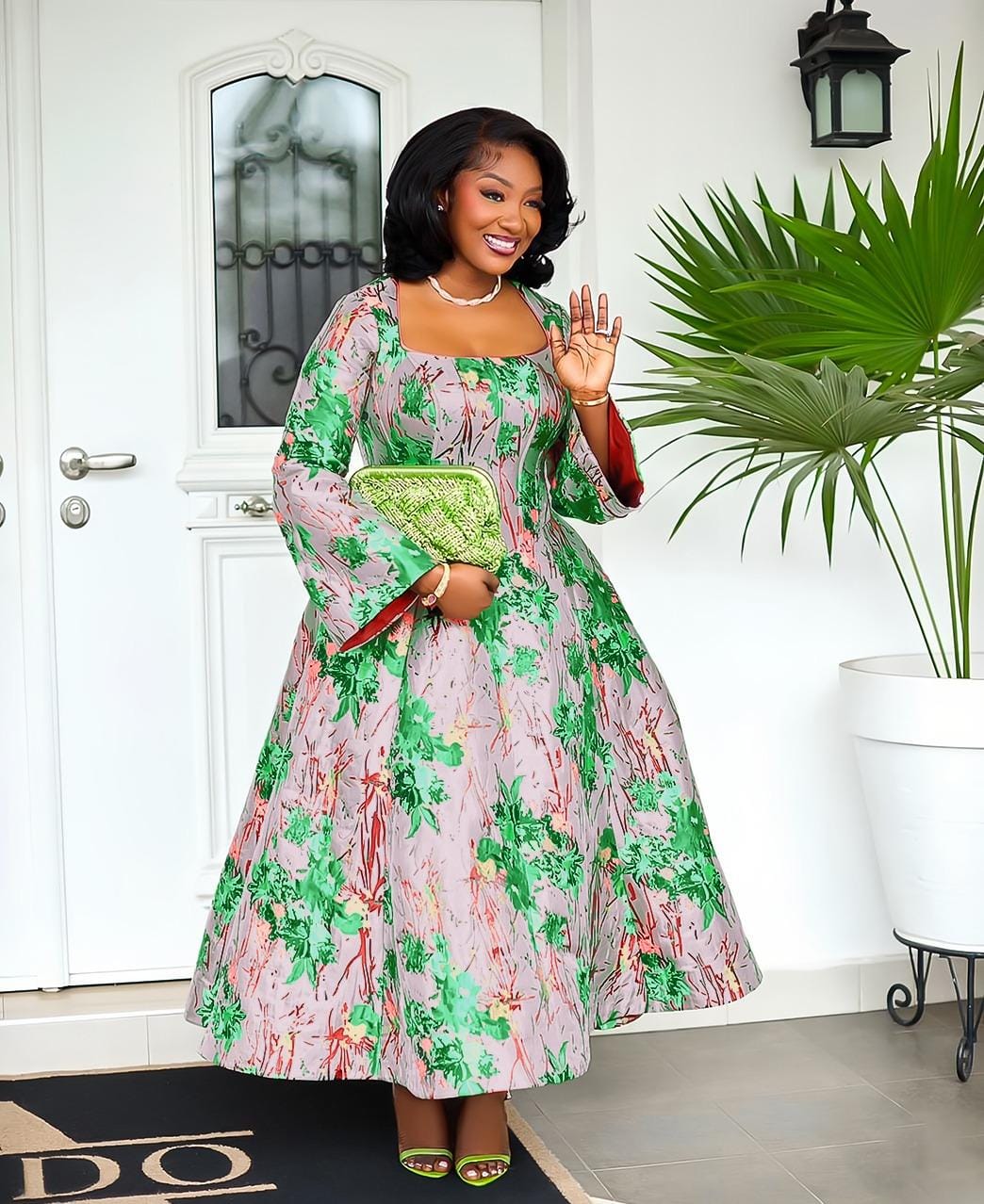 silver grey and green floral dress