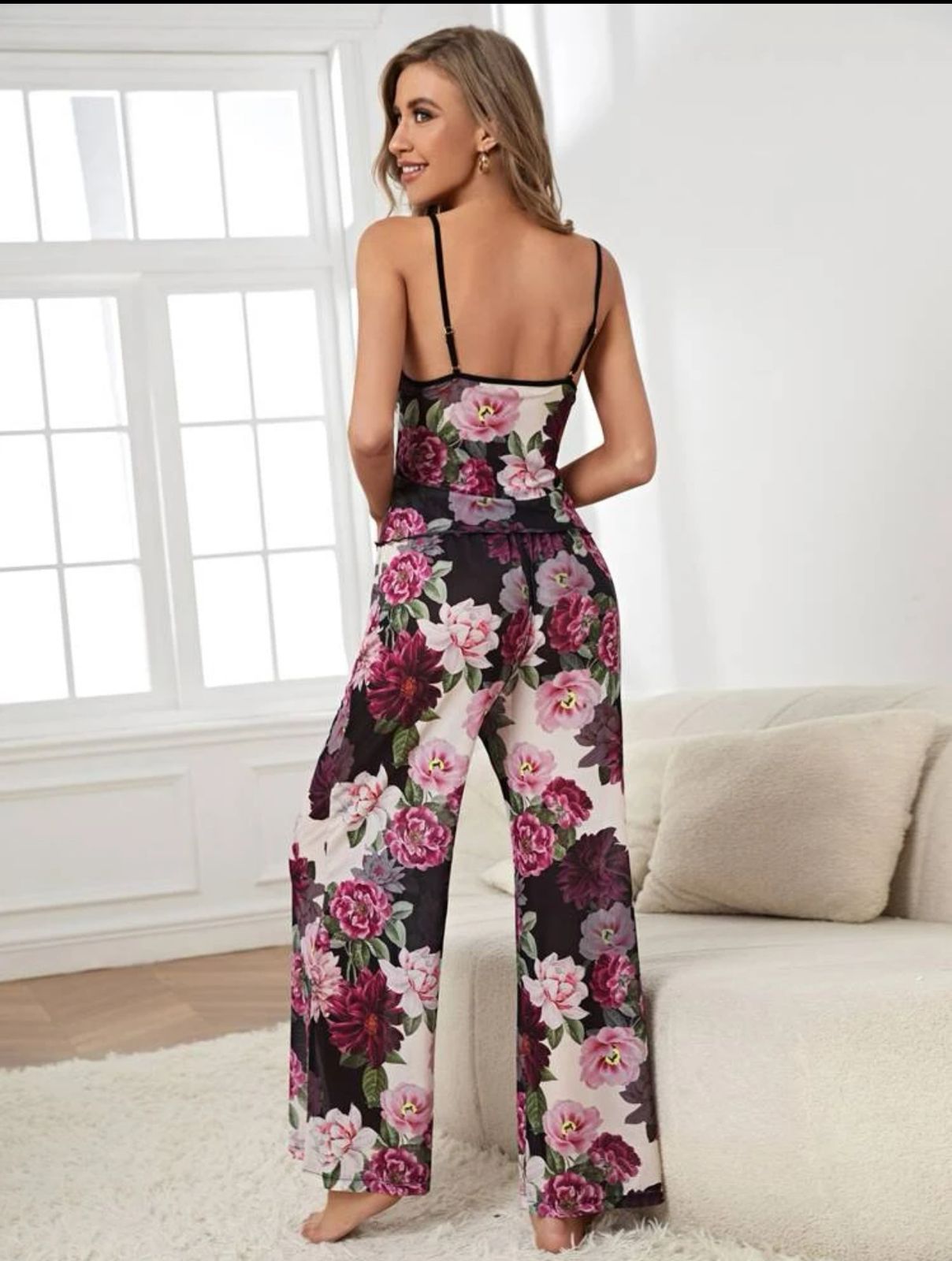 Floral Print Contrast Lace Cami Top & Flare Leg Pants PJ