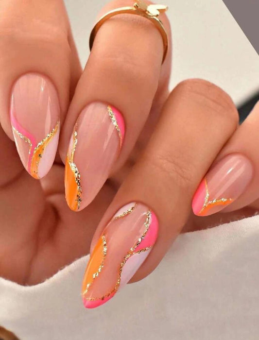 Long Almond Color Block Glitter Line Fake Nails