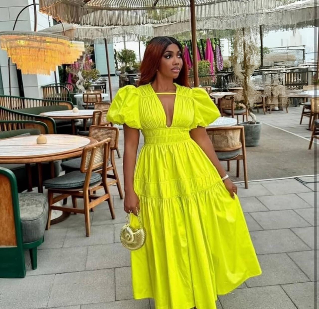 open front with elastic for you figure little balloon shoulders dress