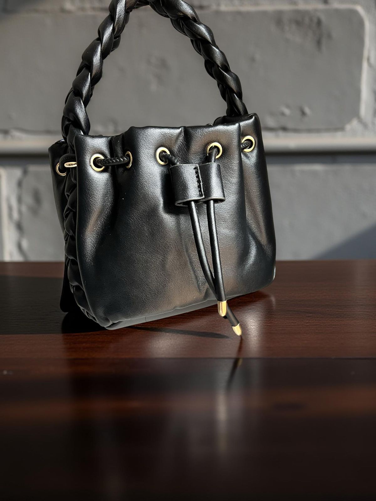 ladies drawstring black bag