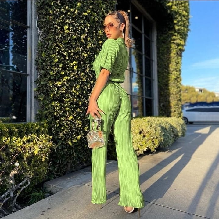 Fine pleated pants and top two piece set.
