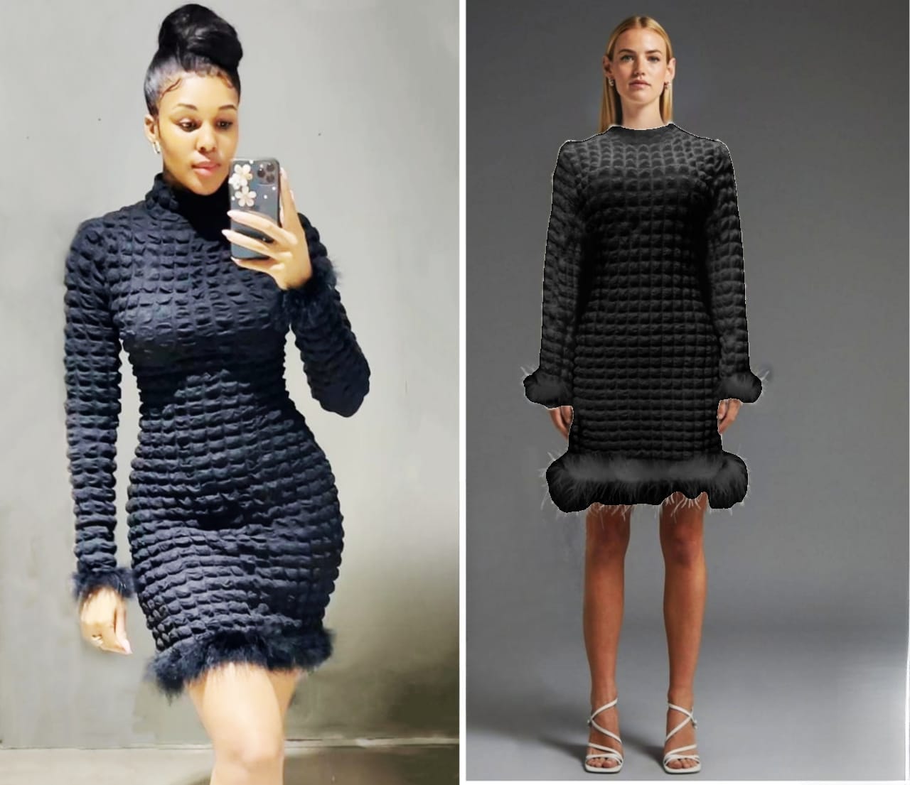 3D Fur trim midi dress