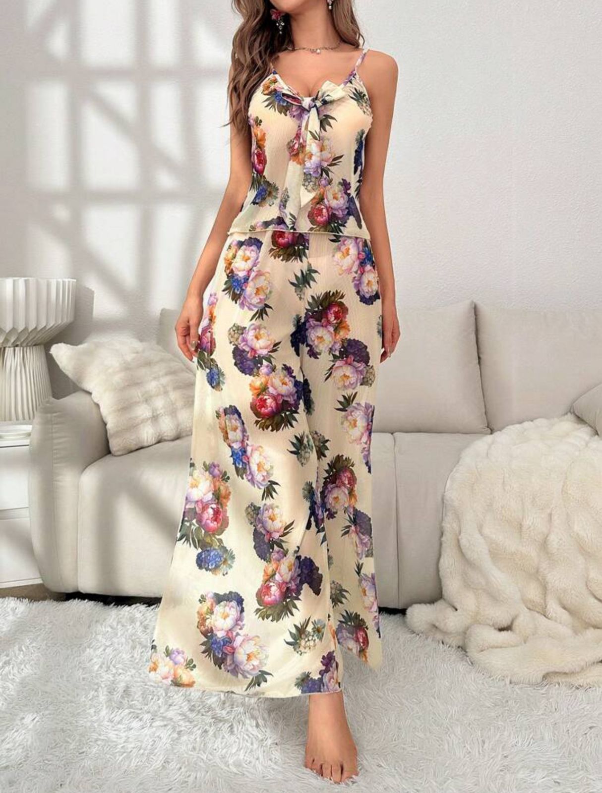 Floral Print Knot Front Cami Top & Wide Leg Pants PJ