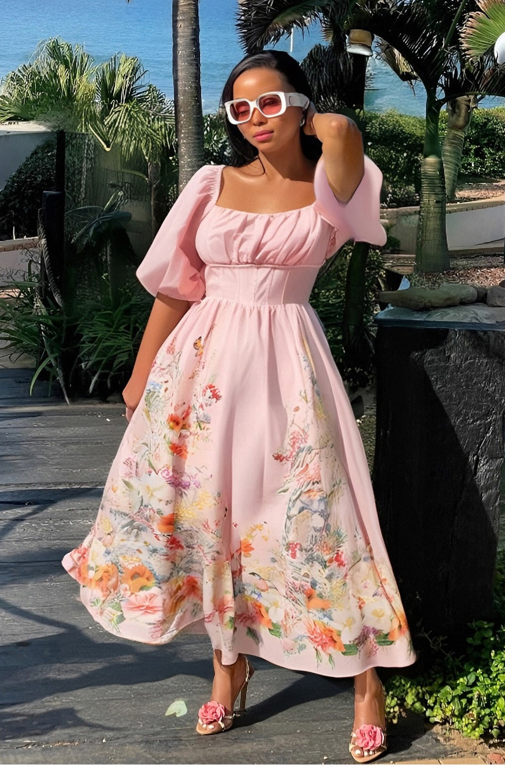 Puff sleeve floral A lined dress
