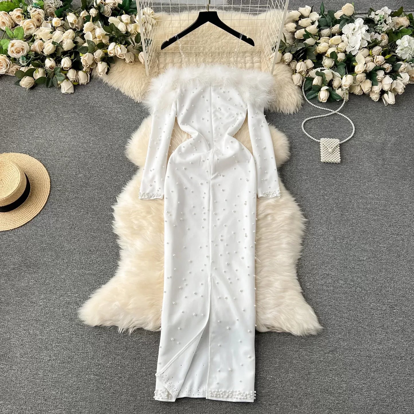 off shoulder fur dress