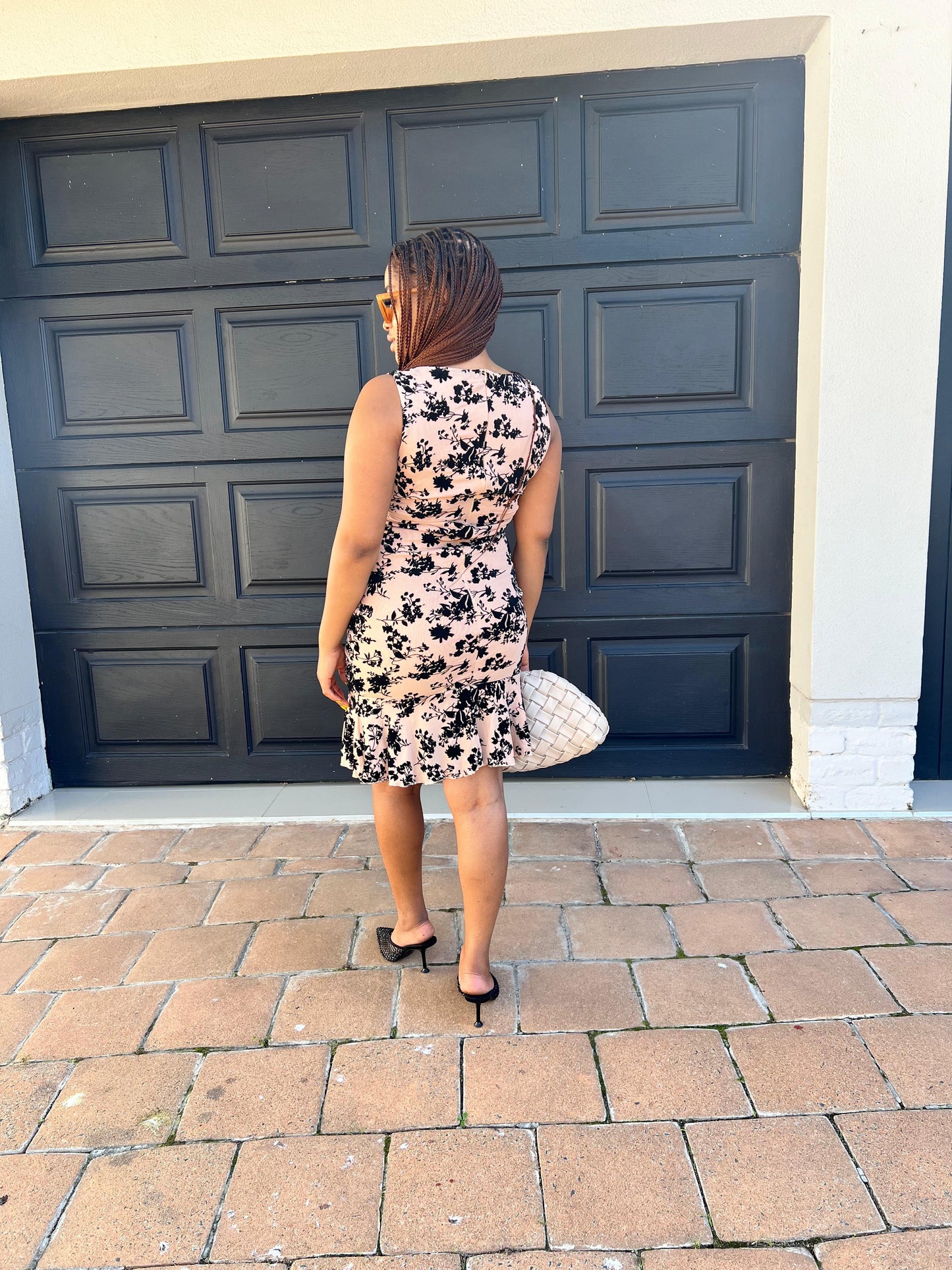 Nude midi dress with black floral print