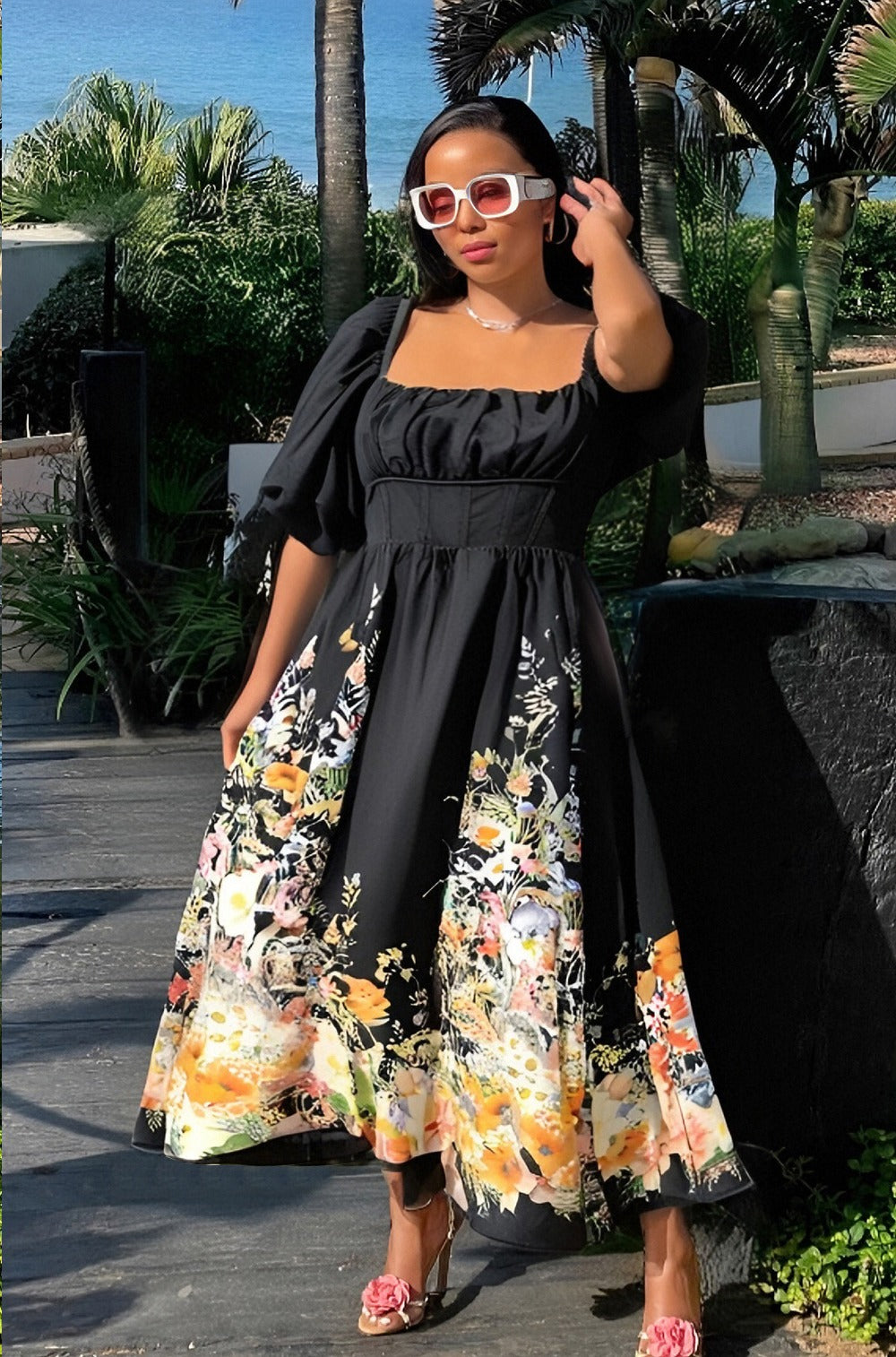 Puff sleeve floral A lined dress