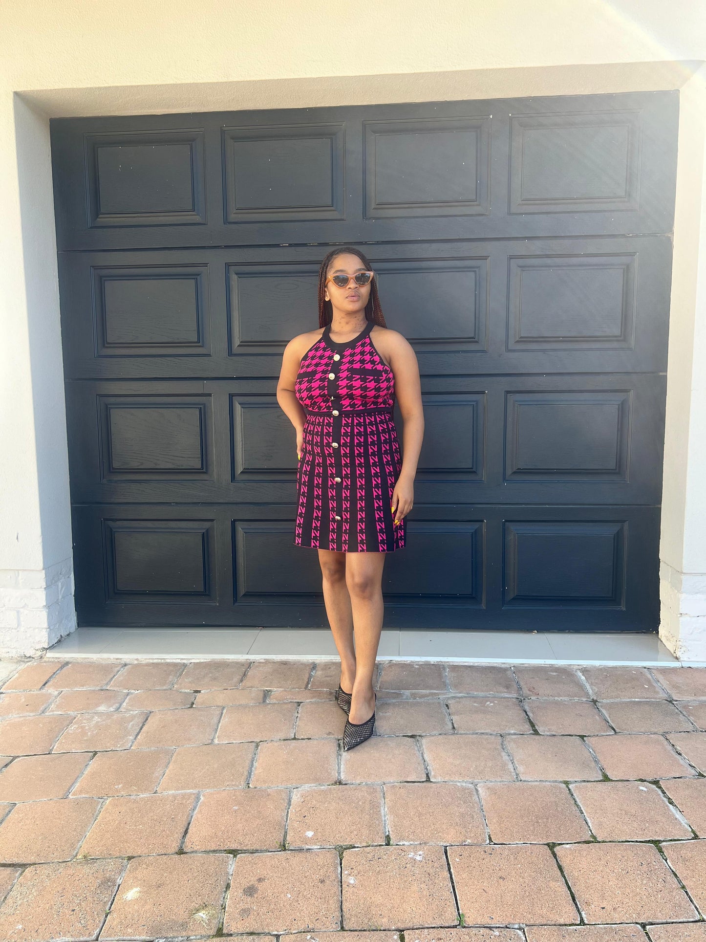 pink black houndstooth knit dress