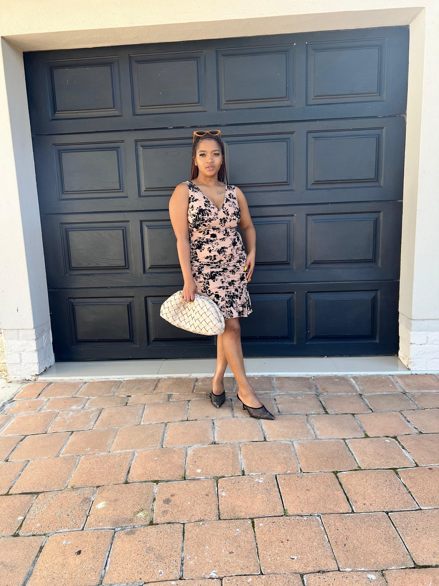 Nude midi dress with black floral print