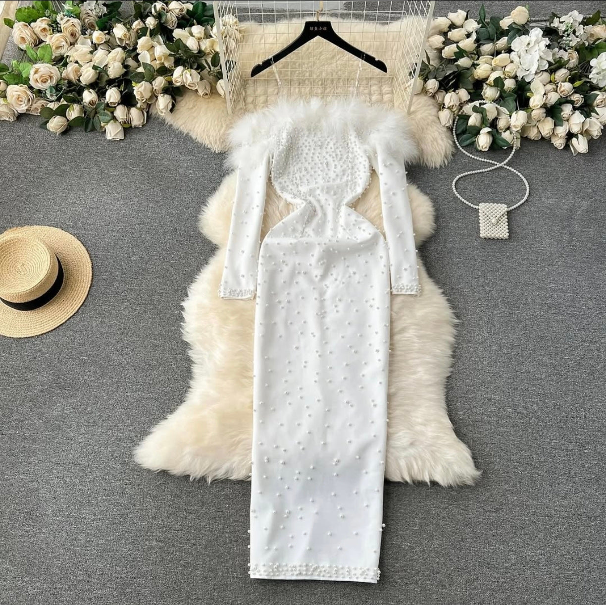 off shoulder fur dress