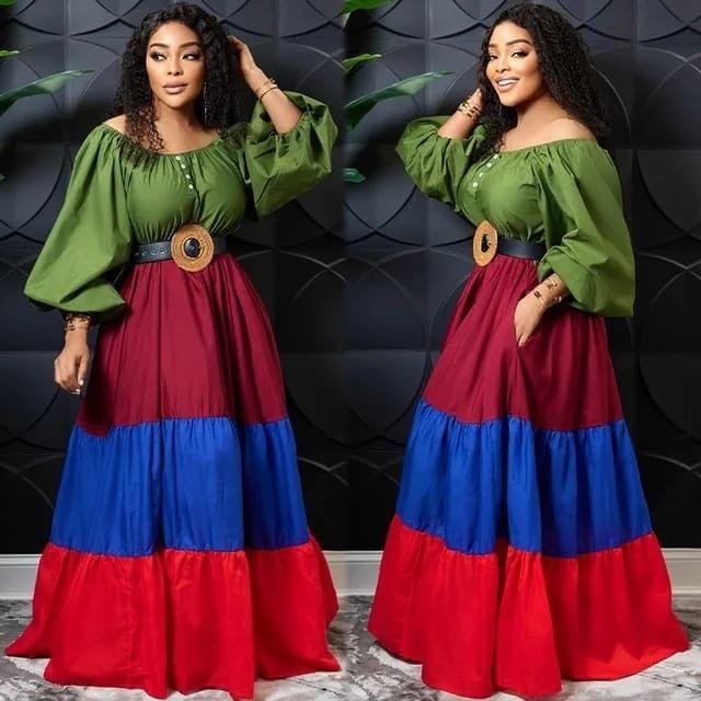 Off shoulder tiered dress.