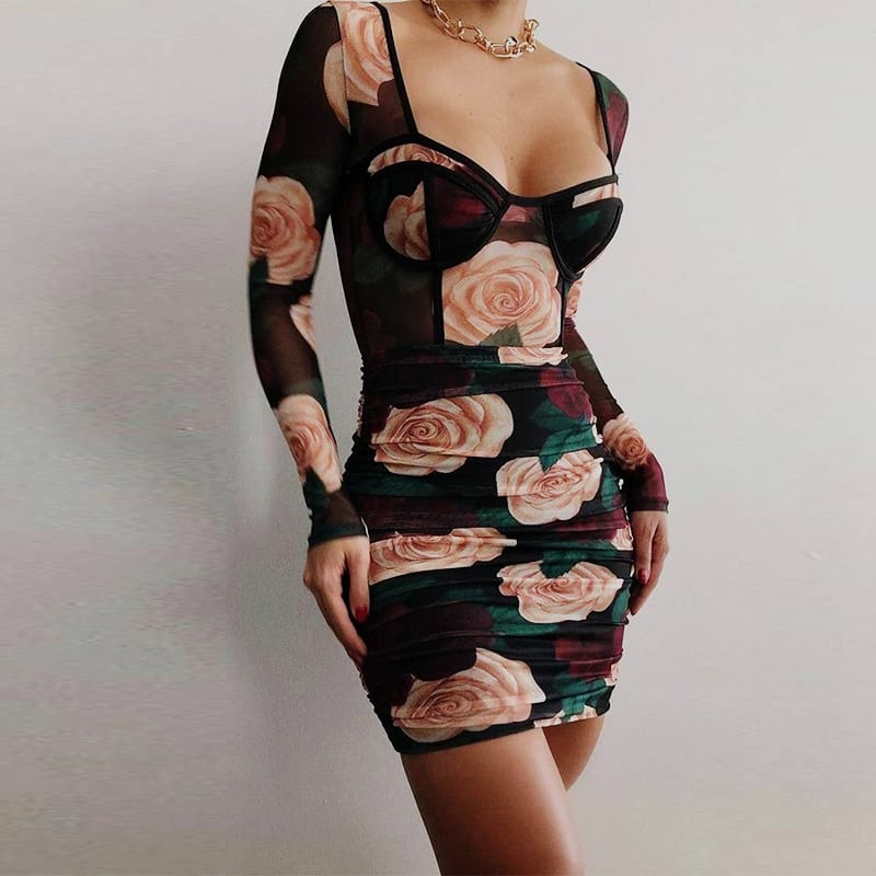 Black floral mini dress.