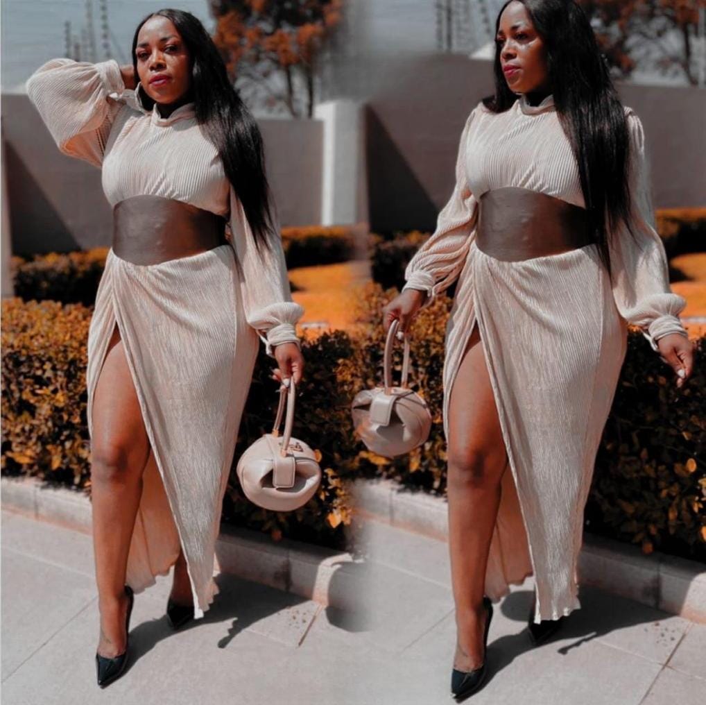 Champagne belted dress.