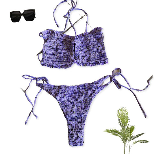 Purple two piece swimwear.
