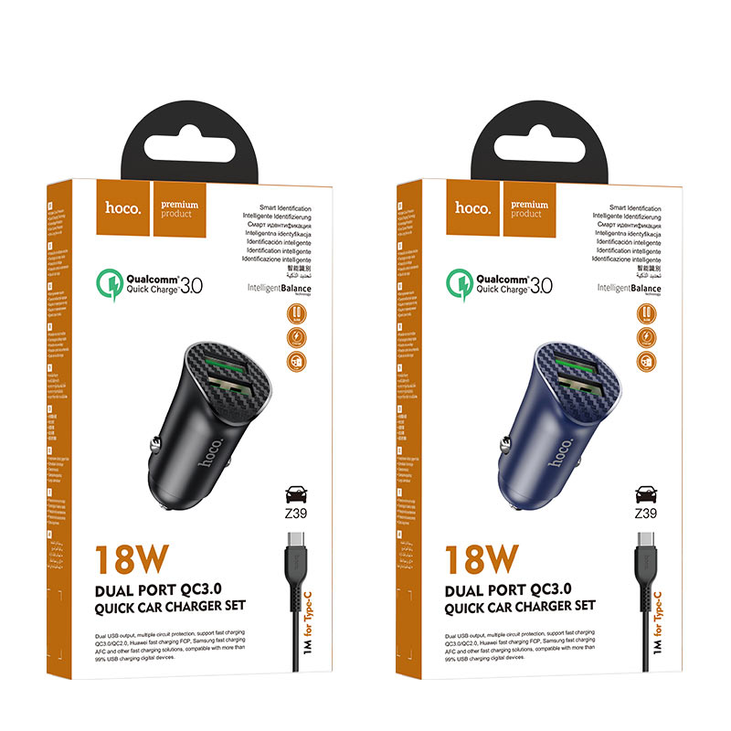 Car charger “Z39 Farsighted” QC3.0 dual port with cable.